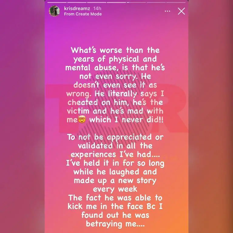 An IG story of Kristen as she called out her basketballer boyfriend, Darius, for abuse