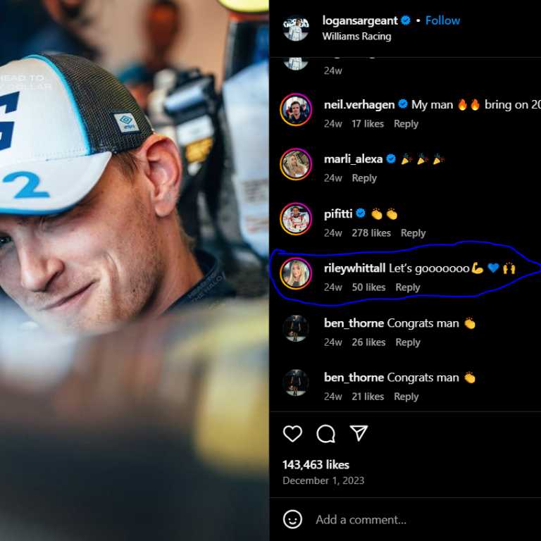 Logan Sargeant's alleged girlfriend Riley Whitall commented on Logan's picture, further hinting fans about their relationship.