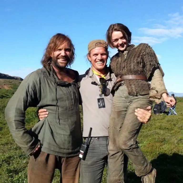 Rory McCann with his co-star Maisie Williams in an outdoor shoot for Game of Thrones