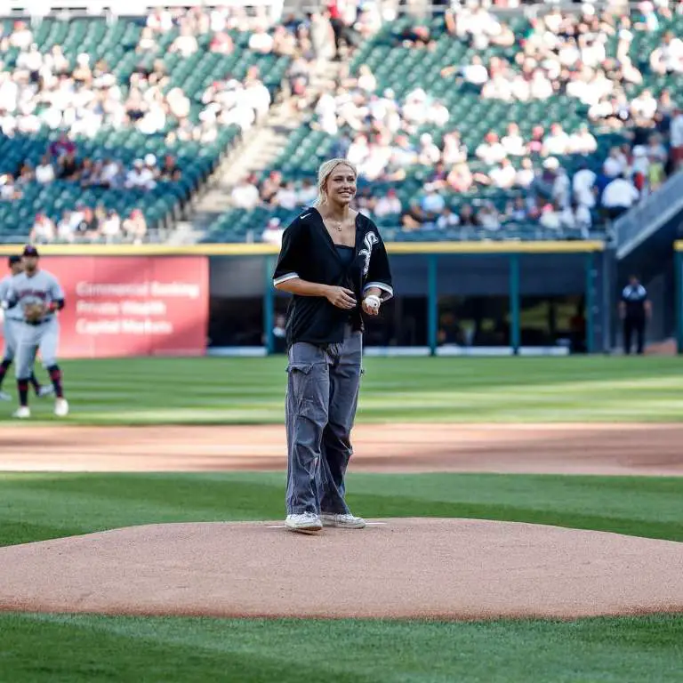 Addie Halverson getting ready to throw the first pitch for the Chicago White Sox at Guaranteed Rate Field