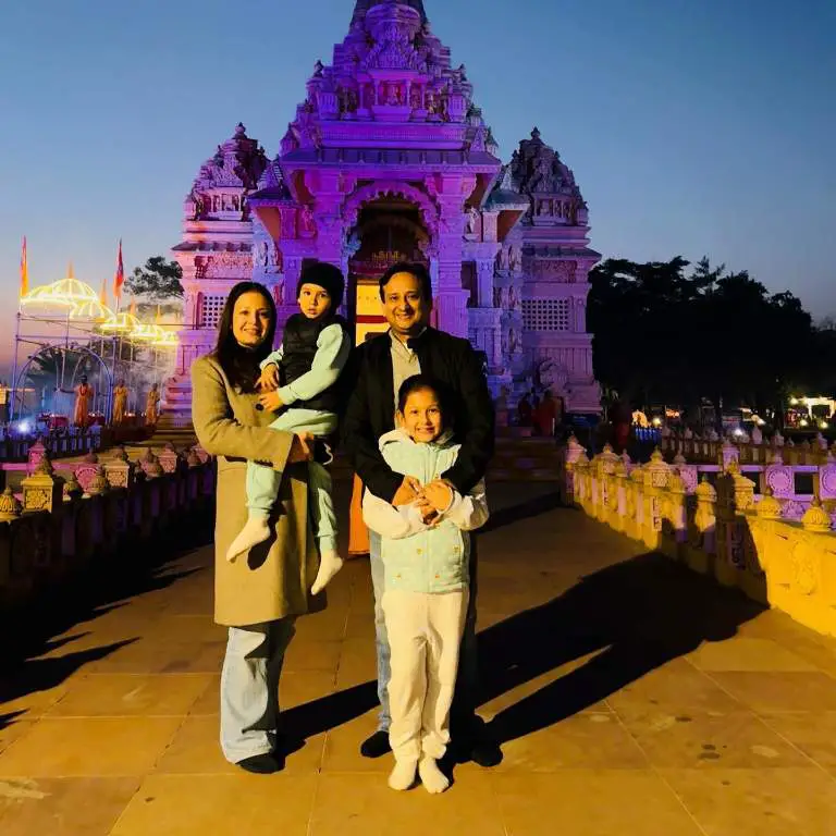 Nirvana Chaudhary photographed with his wife, Ashrayata Karki Chaudhary and children visiting Shashwat Dham - CG Temple