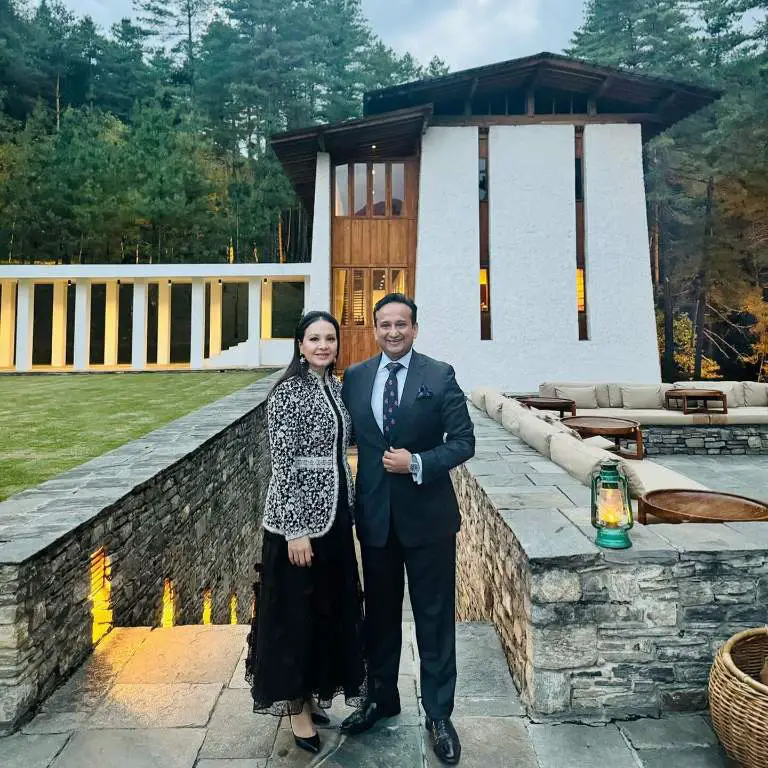 Nirvana Chaudhary posing for a picture with his wife, Ashrayata Karki Chaudhary during a visit to Bhutan